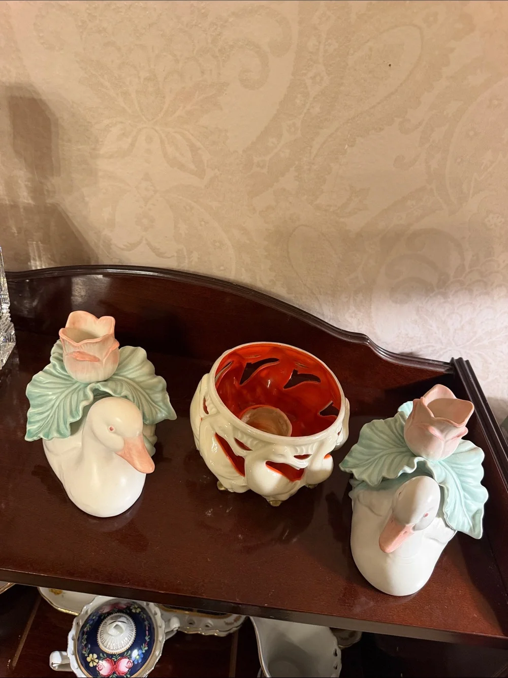 Set of 3 candle holders  Duck Figurine with Pink Flowers